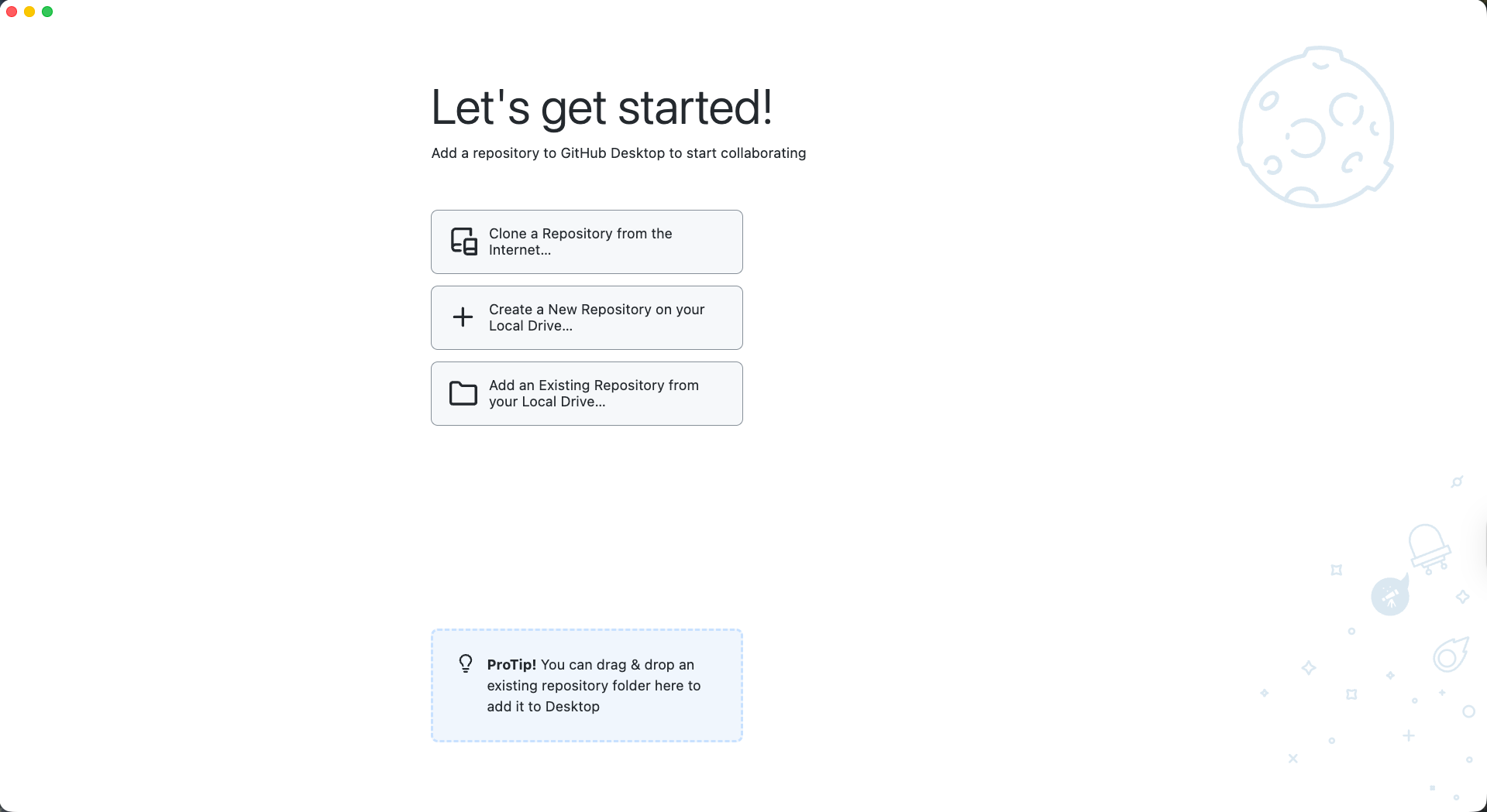 Welcome screen in GitHub Desktop
