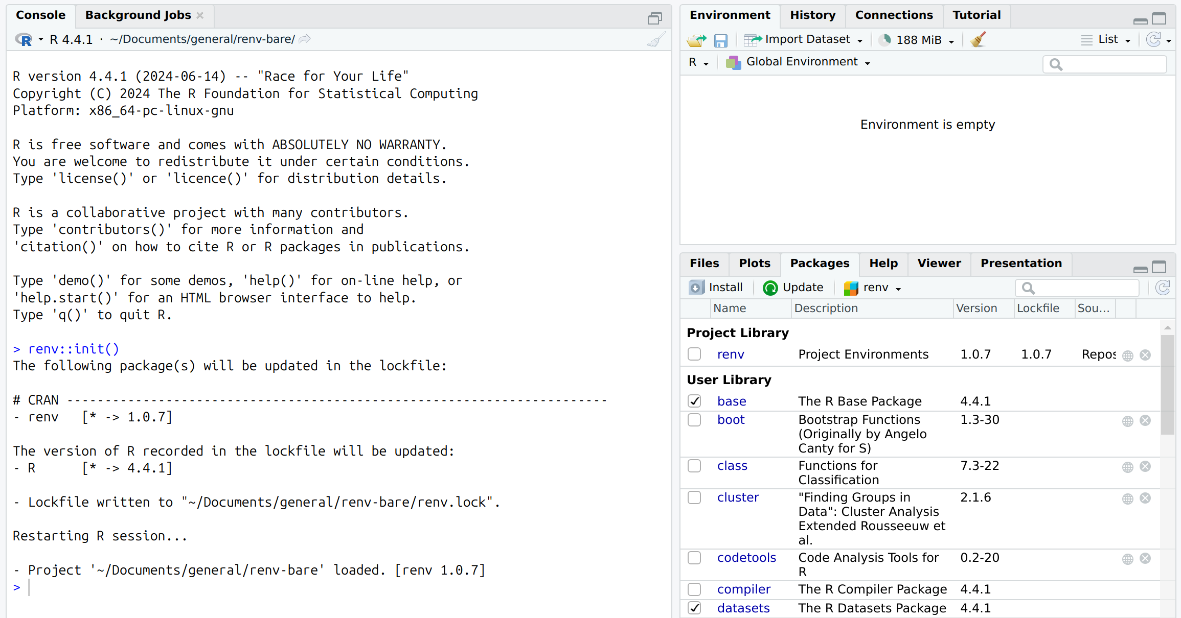 Screenshot of RStudio within renv::init() in empty directory, creating project library alongside user library